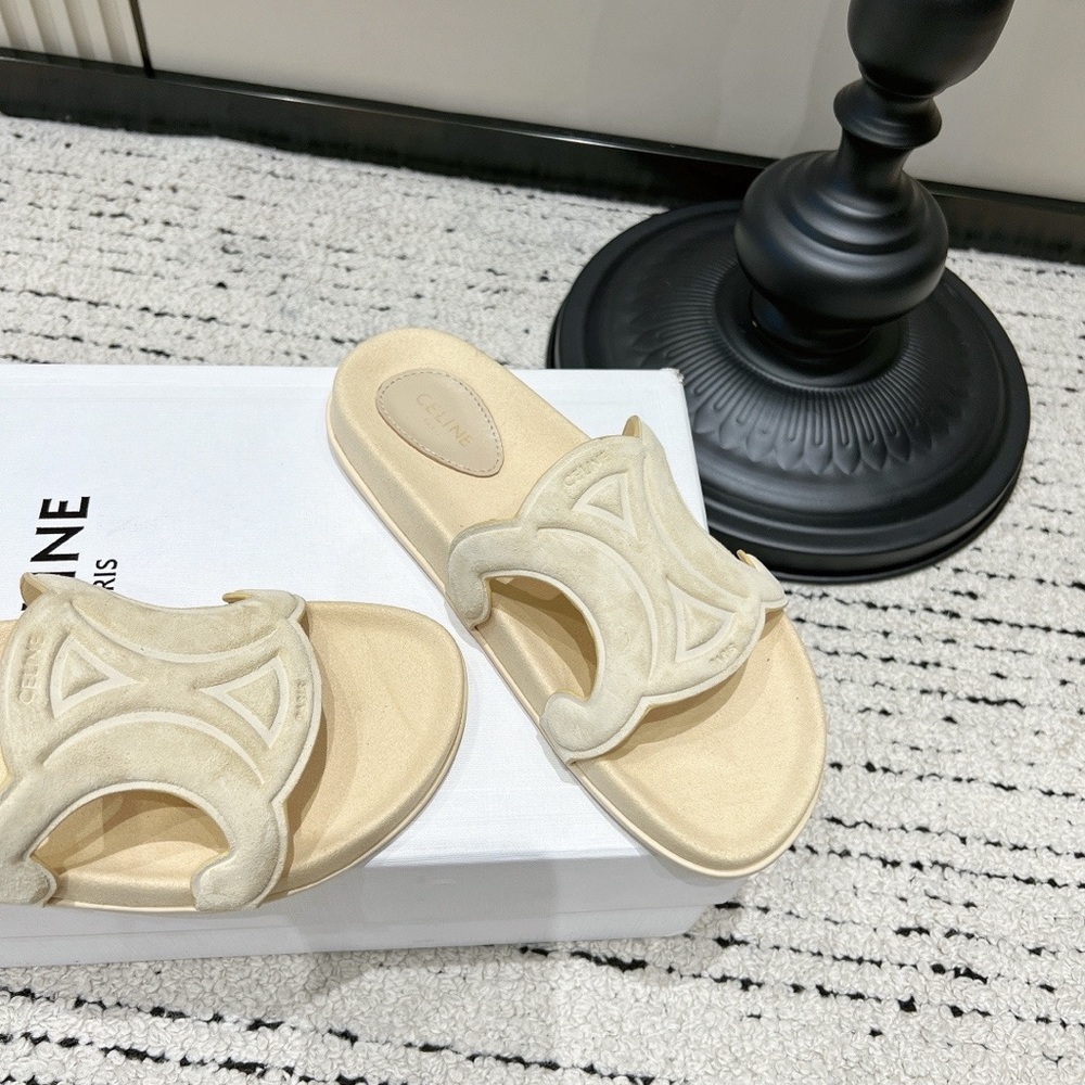Celine Cream Suede Slide Sandals with Signature Cutout - Picture 4 of 9